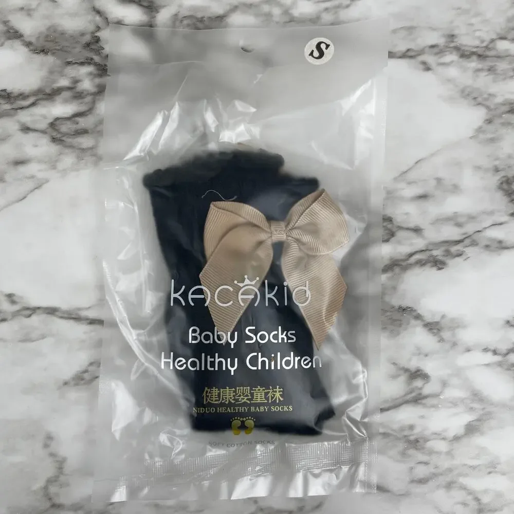 knee High Socks Black Gold Tone Bow Size Small (up to 2yr)
